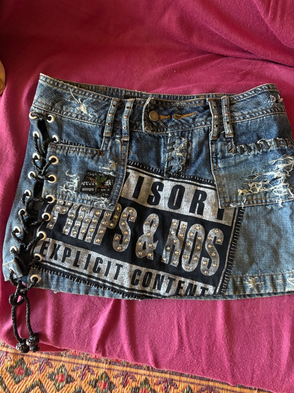 Denim, Embellished Mini Skirt with Lace-Up Side